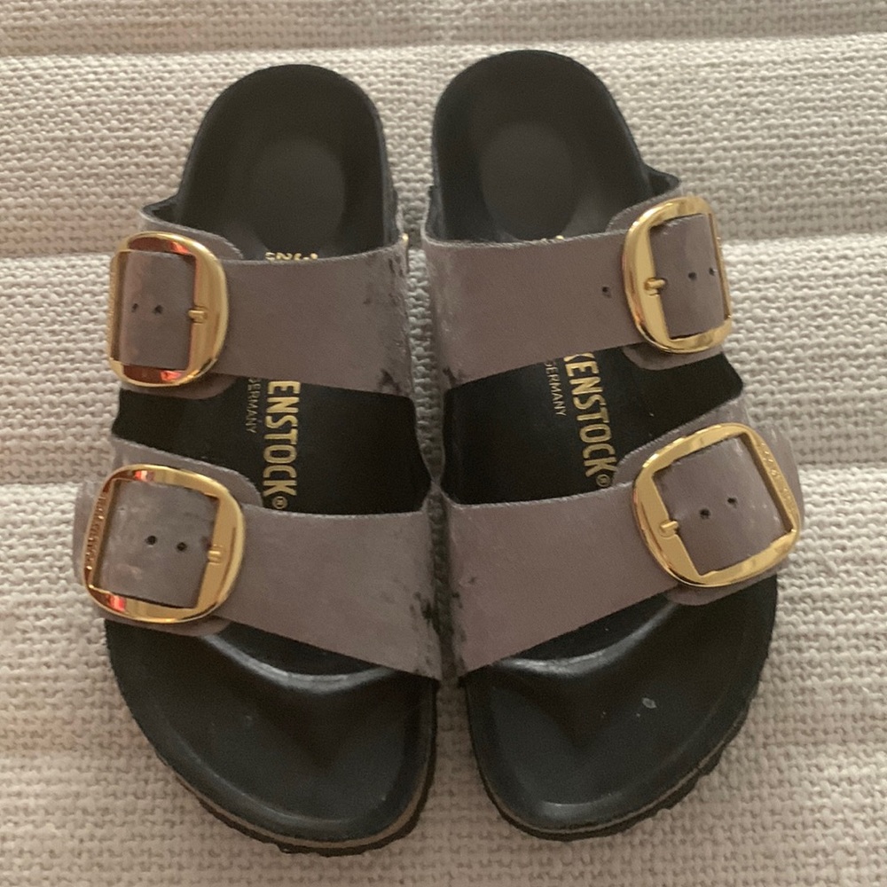 Birkenstock Arizona Big  Buckle - worn once -velvet taupe, gold buckles.